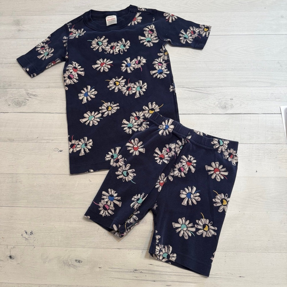 Hanna Andersson girls‎ short John pajamas navy blue flowers 130/8